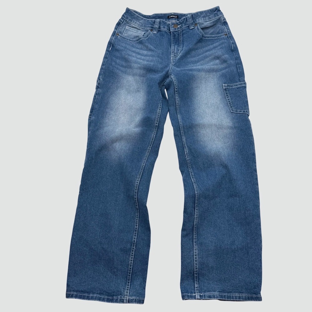 Flamingals Womens Wide Leg Cargo Carpenter Jeans Medium Wash Blue Size Large